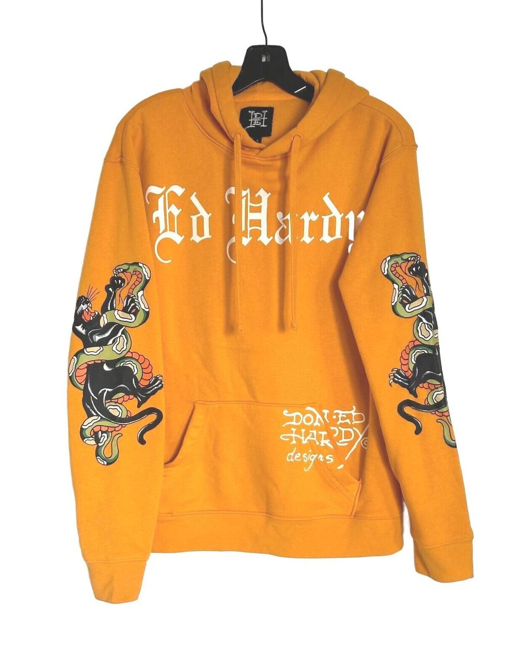 Ed Hardy Mustard Yellow Graphic Hoodie Snake Tattoo Pullover Y2K Streetwear -S